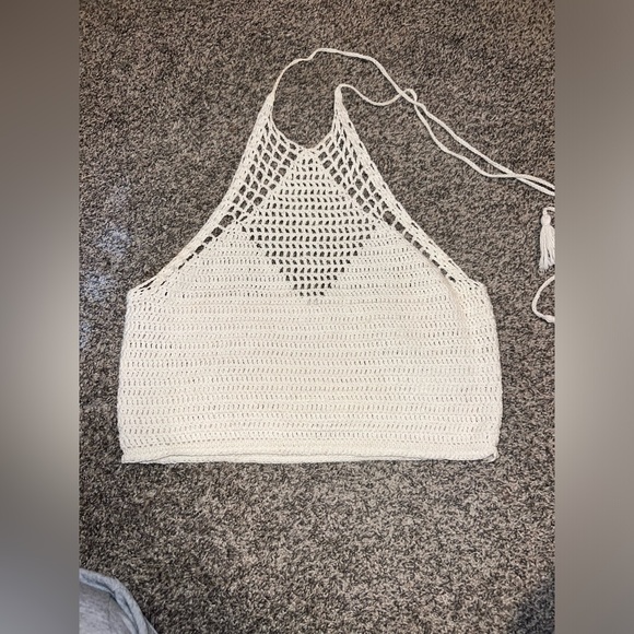 Forever 21 Cream Off White Crochet Knit Halter Cropped Top Large - Picture 3 of 8